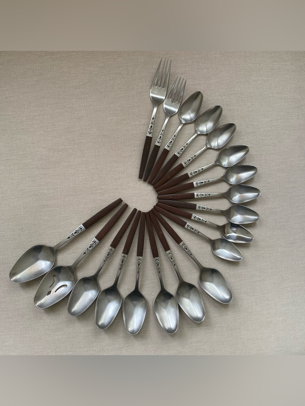 VTG MCM Grand Prix Dior Muffin Flatware 19 Pc Lot Stainless Japan Faux Wood